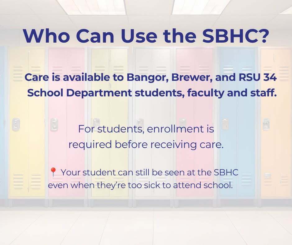 A colorful sign displays text about eligibility for the SBHC, including availability for students, faculty, and staff.