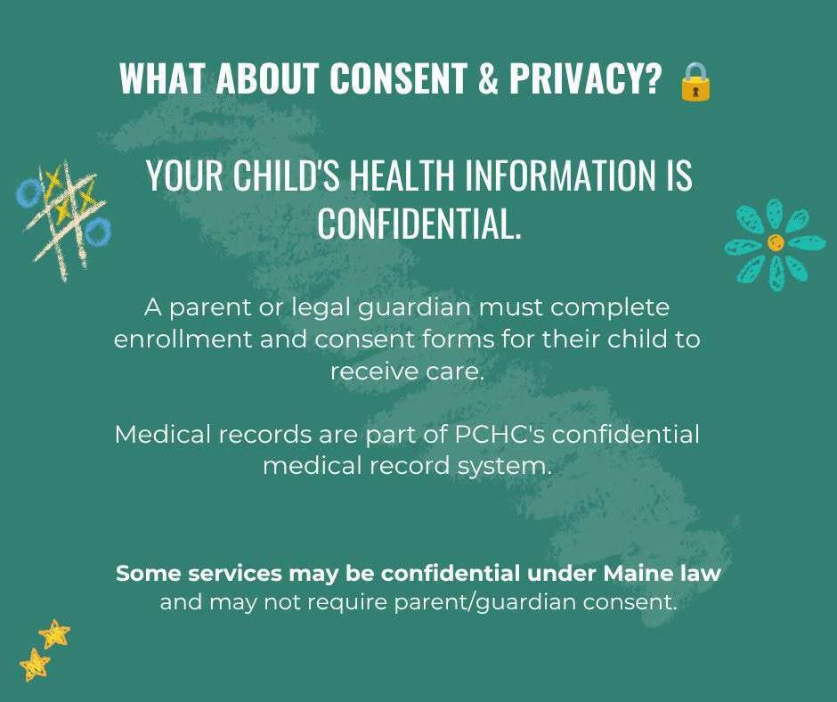 Green background with text on consent and privacy. It states that a parent or legal guardian must complete enrollment and consent forms for their child to receive care.