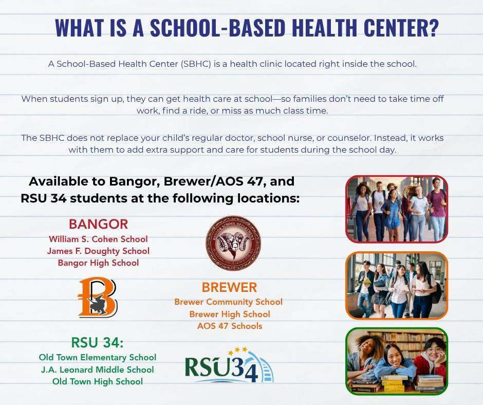 An informational graphic about School-Based Health Centers. Locations listed include Bangor, Brewer, and RSU 34.