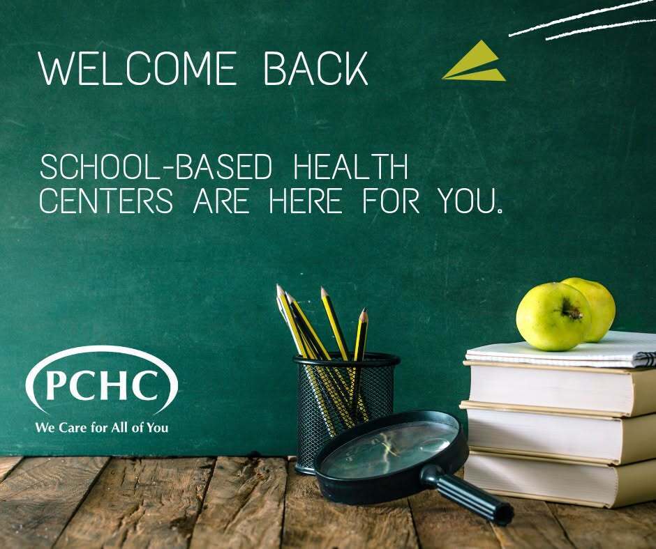 Greenboard with "WELCOME BACK" text, magnifying glass, books, pencils, and an apple.