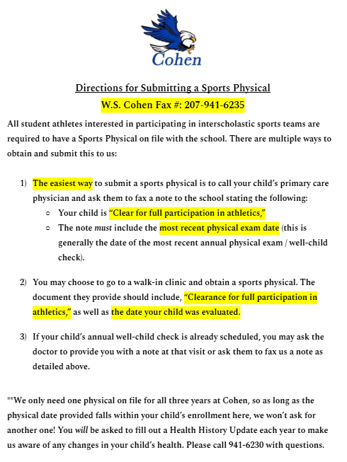 Submit Sports Physical by Fax at 207-941-6235