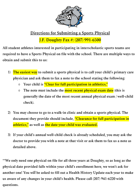 Submit a sports physical through Fax at 207-991-6500