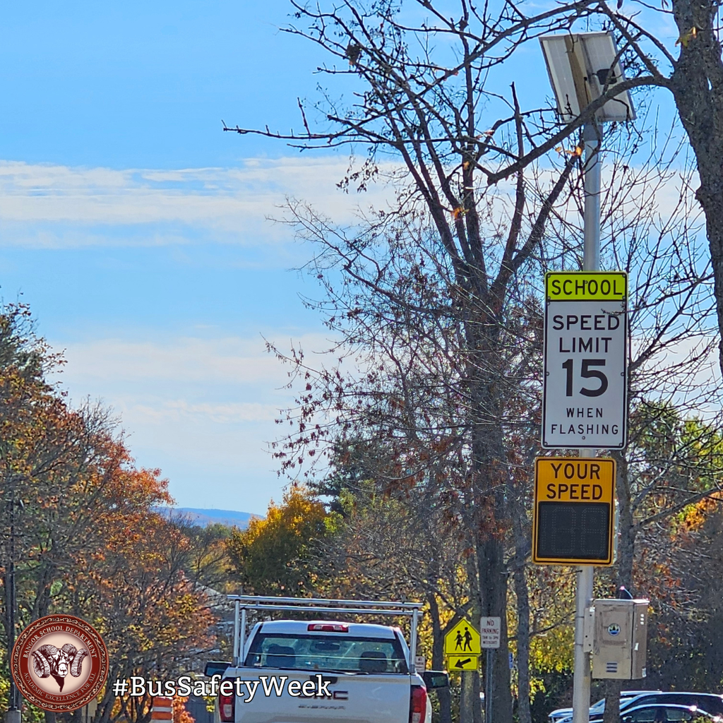 Slow down in school zones! Reduced speed limits help protect students walking, biking, and getting on and off buses. A few extra seconds can save a life. Stay alert, obey posted speeds, and help keep Bangor students safe. #BusSafetyWeek #WeAreBangor 