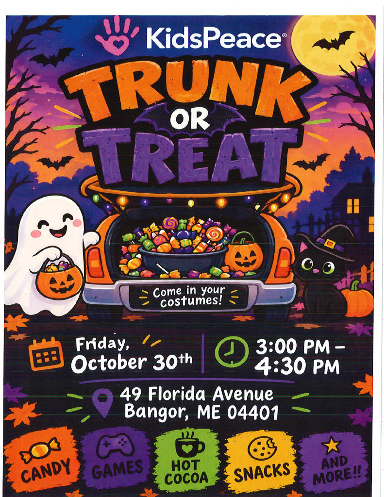 Kids Peace would like to invite all Bangor families to their Trunk or Treat today, Friday October 30, 2026 from 3 to 4:30pm at 49 Florida Ave., Bangor. #WeAreBangor