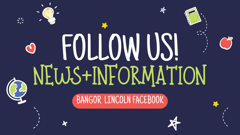 graphic that says "Follow Us! News and Information" with school elements