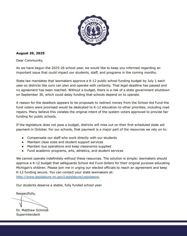 letter to families regarding state funding in Michigan