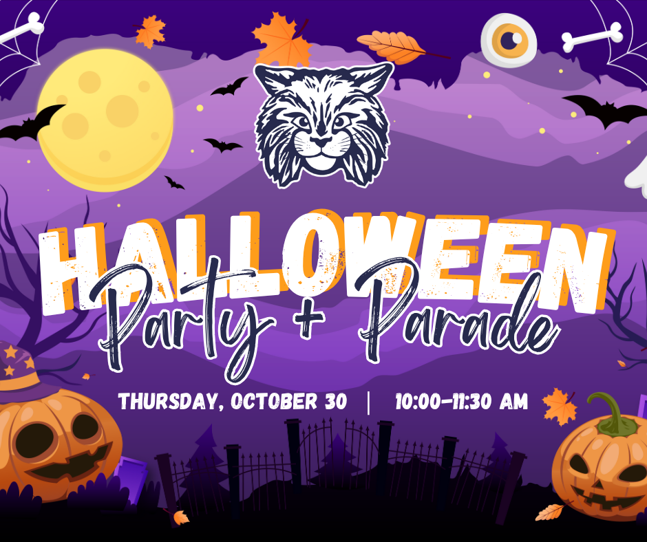 Halloween party and parade Thursday October 30 from 10-11:30am with halloween themed graphics