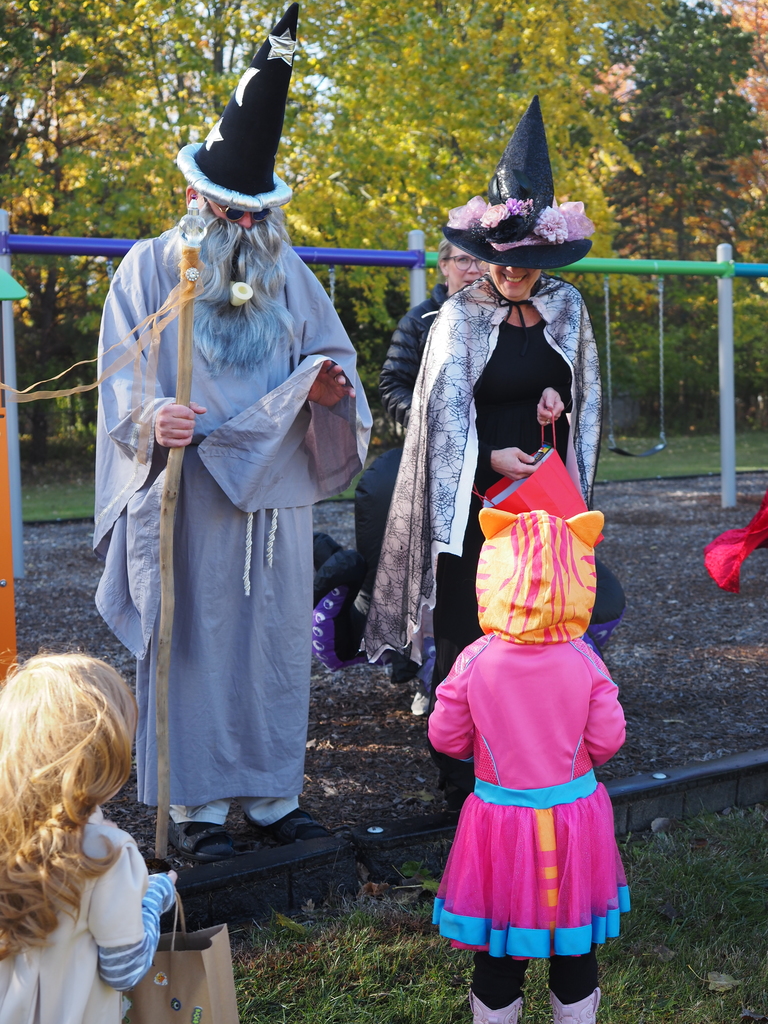 adults dressed as wizards handing out candy