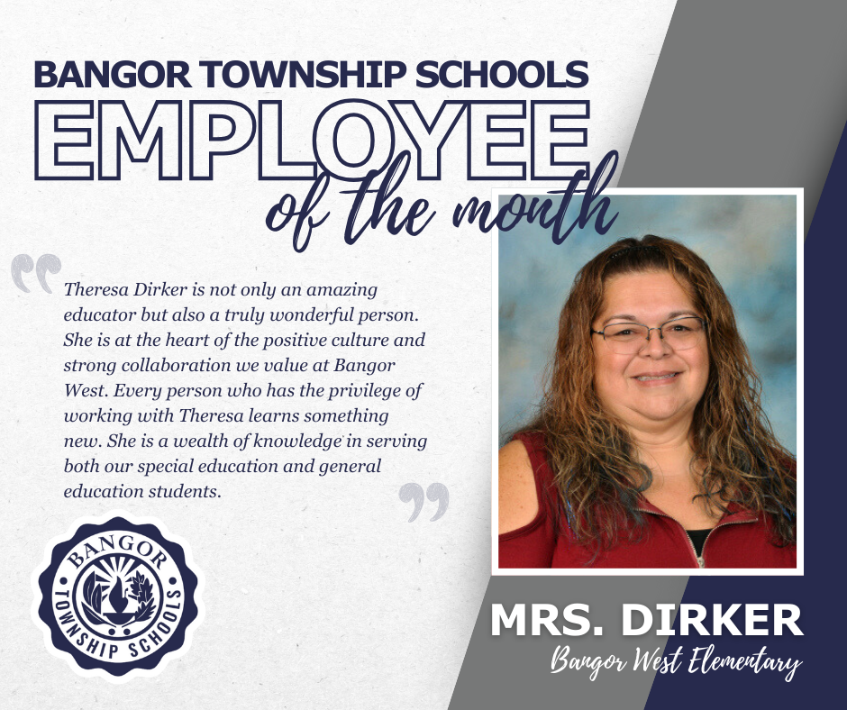 employee of the month graphic announcing Mrs. Theresa Dirker