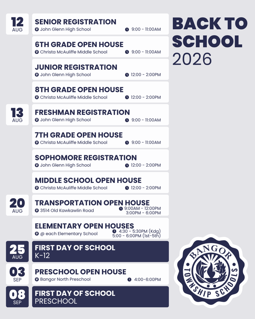 Back to School Open House graphic with basic details including the dates, times and locations of each open house event