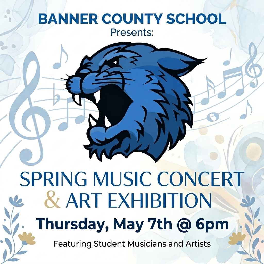 Graphic featuring a blue wildcat logo at the top with text that reads: "SPRING MUSIC CONCERT & ART EXHIBITION, Thursday, May 7th @ 6pm, Featuring Student Musicians and Artists." The background is white with light blue and gold floral illustrations.
