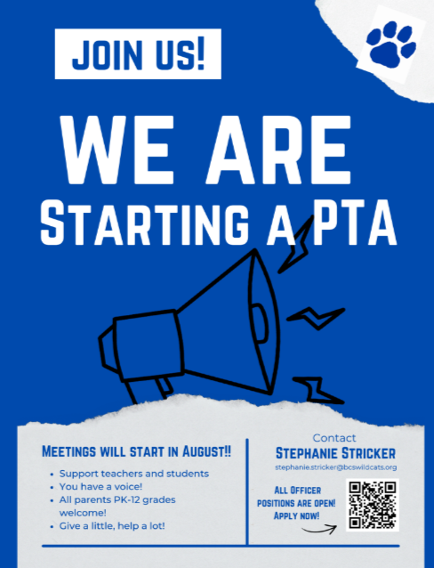Blue and white graphic with a megaphone icon. Text reads: "MEETINGS WILL START IN AUGUST!! Support teachers and students, You have a voice! All parents PK-12 grades welcome! Give a little, help a lot!" Includes contact info for Stephanie Stricker and a QR code with the text "All officer positions are open! Apply now!