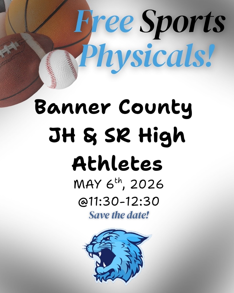 Graphic for a "Save the Date" event on May 6th, 2026, from 11:30-12:30. The image features a blue and white Banner County wildcat logo in the center against a light grey background.