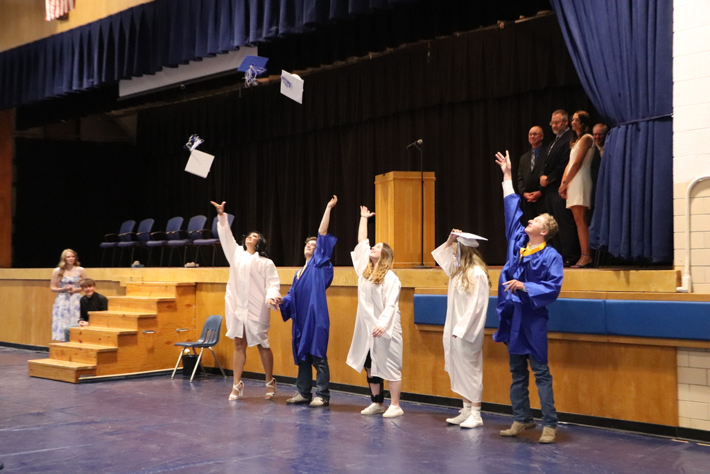 Students throwing graduation caps in the air