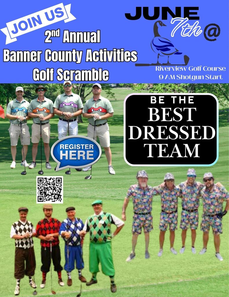 Promotional flyer for the 2nd Annual Banner County Activities Golf Scramble on June 7th at Riverview Golf Course, featuring a 9:00 AM shotgun start. The flyer includes a graphic of golfers on a green, a "Register Here" QR code, and a prominent badge that says "Be the Best Dressed Team" above a photo of four golfers in bright, vintage argyle outfits.