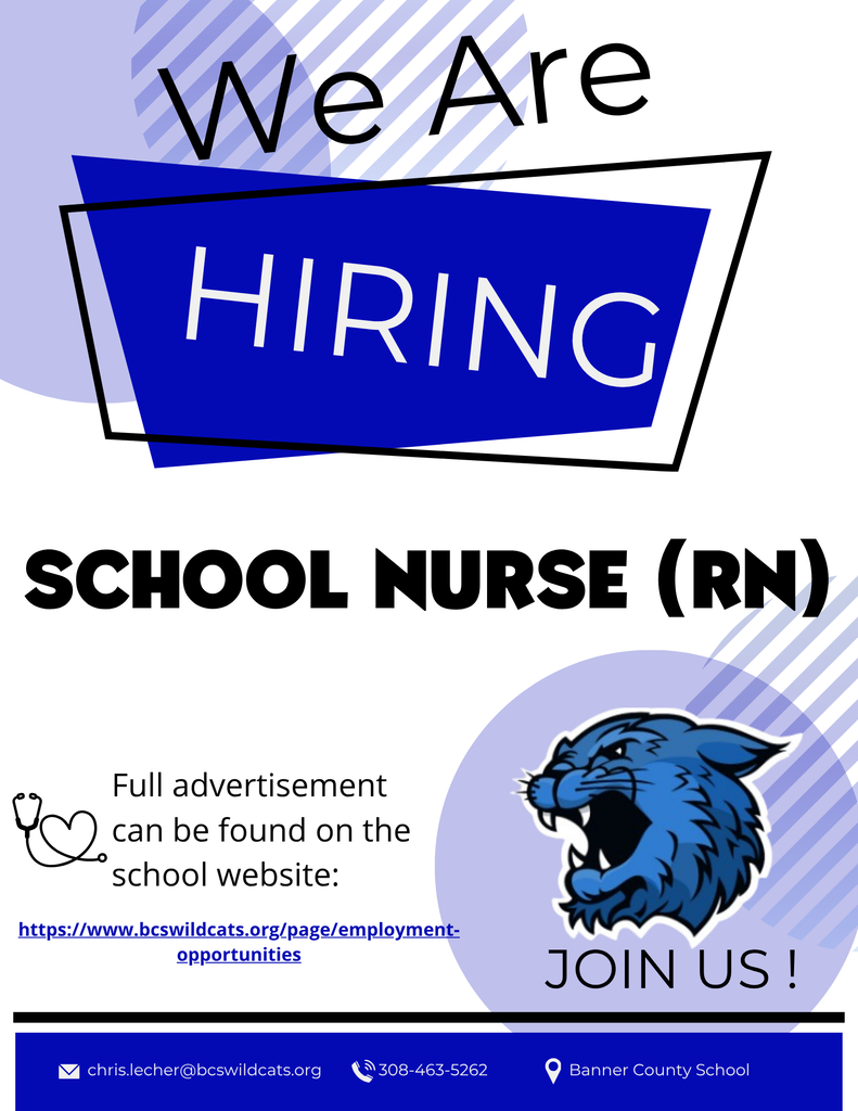 ob advertisement graphic for Banner County School featuring a blue wildcat mascot. The text reads "SCHOOL NURSE (RN)" and "JOIN US!", and notes that the full advertisement can be found on the school website at bcswildcats.org/page/employment-opportunities. The bottom footer includes contact info: 308-463-5262 and a school email address.
