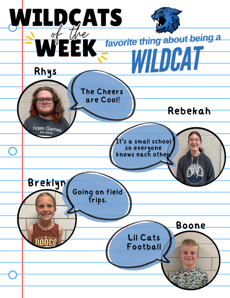 Graphic titled "Wildcats of the Week" highlighting four Banner County Public Schools students sharing their favorite thing about being a Wildcat: Rhys: "The Cheers are Cool!" Rebekah: "It's a small school so everyone knows each other" Breklyn: "Going on field trips." Boone: "Lil Cats Football"