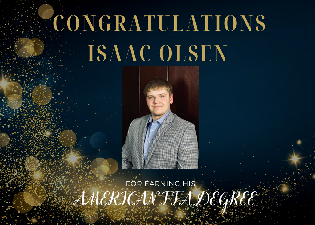 Isaac Olsen wearing a grey suit jacket, collared shirt, and tie, set against a dark blue background with gold sparkling confetti and text that reads "FOR EARNING HIS AMERICAN FFA DEGREE".