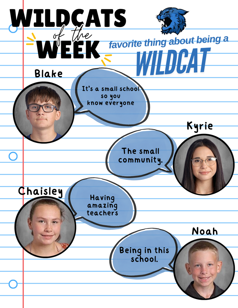A graphic designed like lined notebook paper with "WILDCAT" at the top and photos of four students with speech bubbles: Blake says, "It's a small school so you know everyone." Kyrie says, "The small community." Chaisley says, "Having amazing teachers." Noah says, "Being in this school."