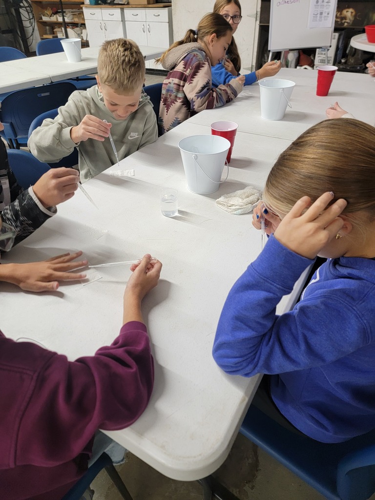 A young student in a grey Nike hoodie using a pipette or dropper during a classroom activity, sitting at a table with white buckets and red cups alongside classmates.