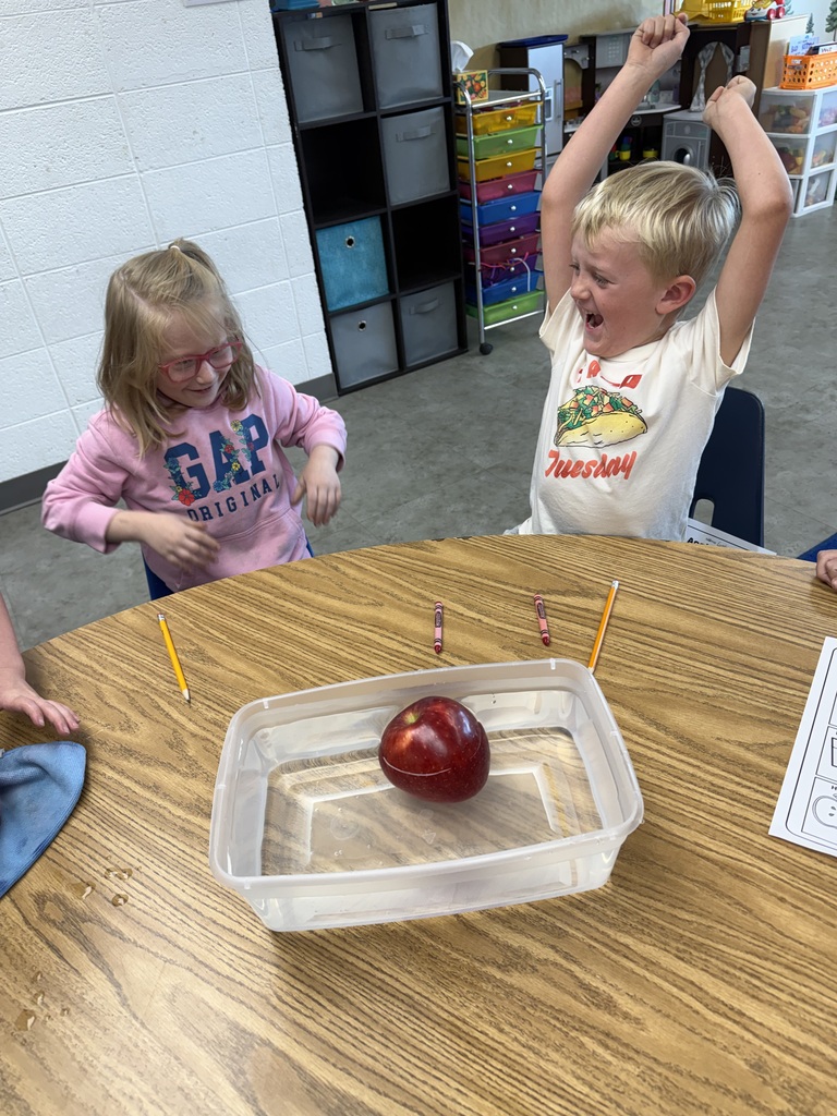 A red apple floating in a clear plastic container of water on a wooden table.