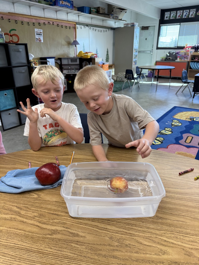 Two young students at a classroom table watching an apple float inside a clear plastic container of water.
