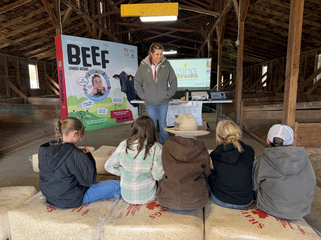A presenter speaking to 2nd-grade students seated on hay bales in front of a "BEEF" banner at an agricultural event.