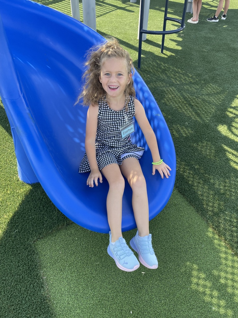 Child wearing a dress and sneakers, sitting on a blue slide in an outdoor play area with artificial turf.