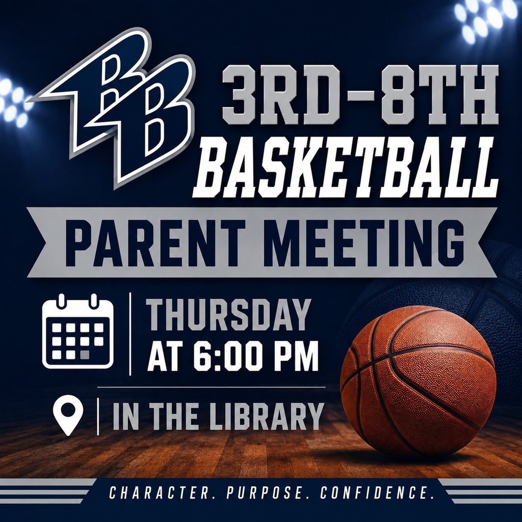 A poster advertises a basketball parent meeting on Thursday at 6 PM. It features a basketball, a calendar, and a library location.