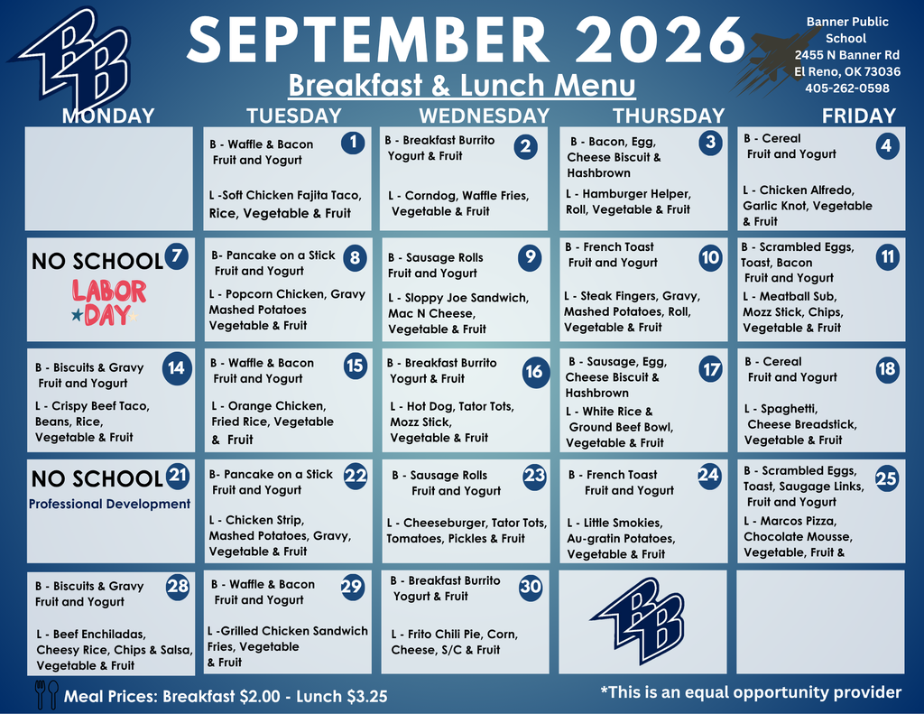 A September 2026 breakfast and lunch menu in blue text on a white background. The menu includes items such as "Scrambled Eggs," "Meatloaf," "Hamburger," "French Toast," and "Pancake."