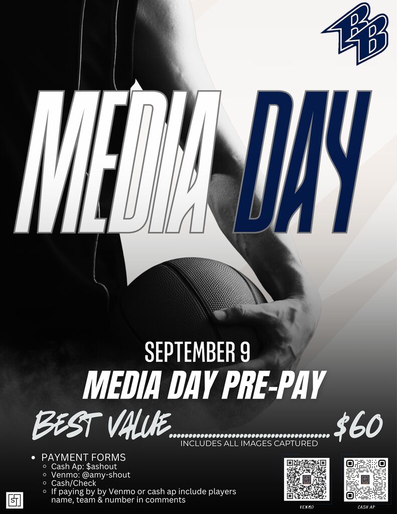 Poster with "Media Day" in large blue letters, featuring a basketball player holding a ball. Date: September 9, and payment options listed.