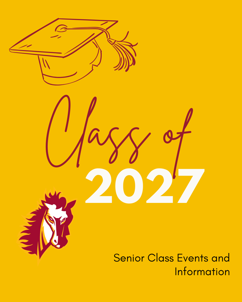 Cover page for the Banning Lewis Academy Class of 2027 senior information guide. The design features a gold background with a simple line illustration of a graduation cap in the upper left corner. Large burgundy script reads "Class of" above bold white numbers "2027." The Banning Lewis Academy Stallion mascot appears near the lower left, and black text in the lower right reads "Senior Class Events and Information." The cover serves as an introduction to a guide containing important information and key dates for the Class of 2027.