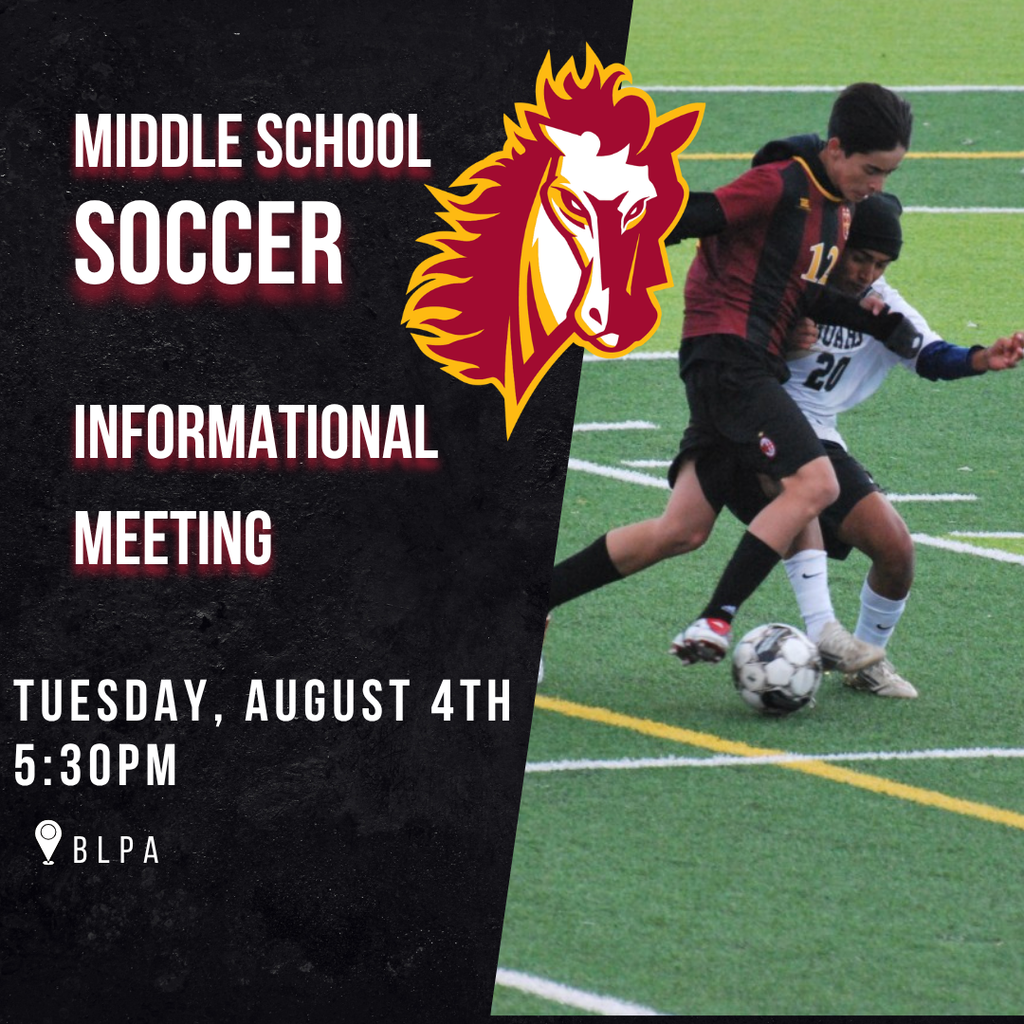 Graphic promoting the Banning Lewis Academy Middle School Boys Soccer Informational Meeting. The left side has a black textured background with white and cardinal text reading "Middle School Soccer Informational Meeting." Event details at the bottom read "Tuesday, August 4th, 5:30 PM, BLPA." The Banning Lewis Academy Stallion logo appears near the top center. The right side features an action photo of two middle school soccer players competing for the ball on a green turf field.
