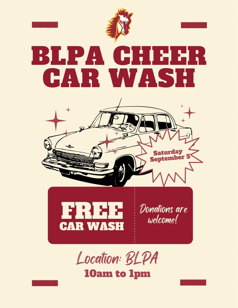 Retro-style BLPA Cheer Car Wash flyer featuring the Stallion logo and an illustrated vintage car. The free car wash is Saturday, September 5, from 10 a.m. to 1 p.m. at BLPA. Donations are welcome.