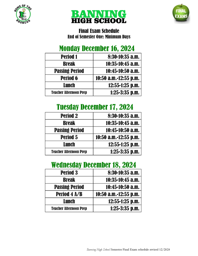 Finals Exam Schedule 2024