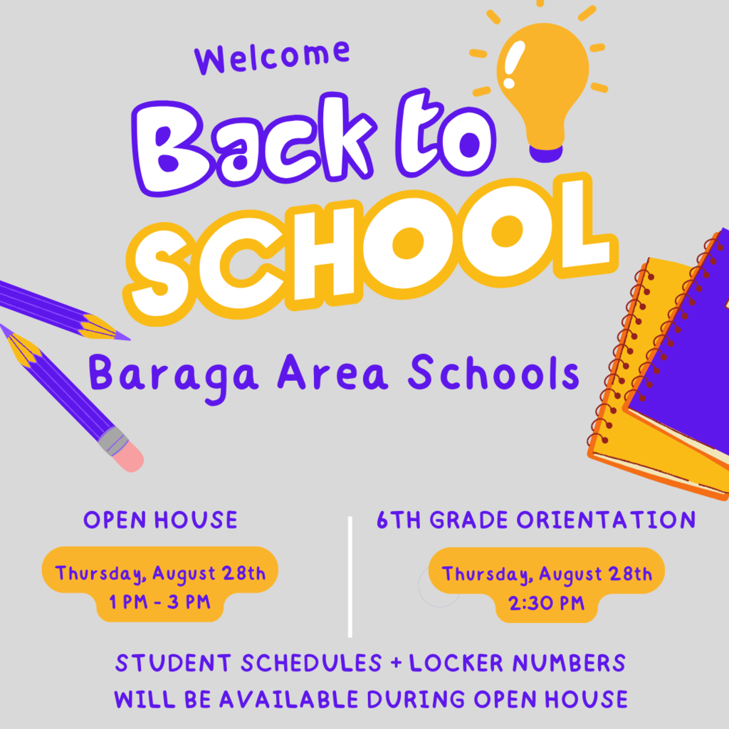 Open House 8/28 1-3pm, 6th grade orientation 8/28 2:30pm