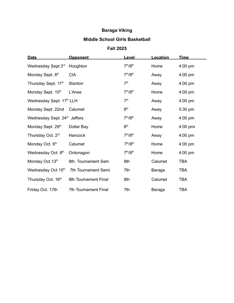 Baraga Viking Middle School Girls Basketball Schedule