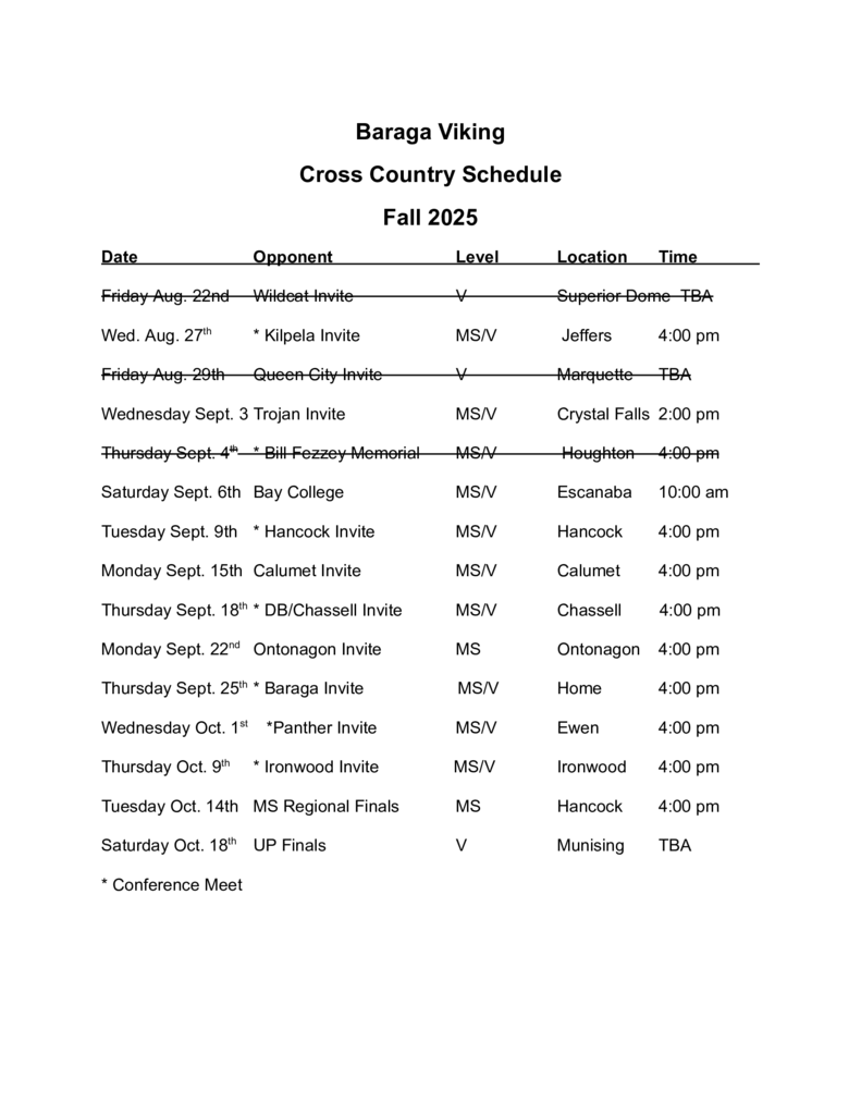 Baraga Viking Fall Cross Country Schedule