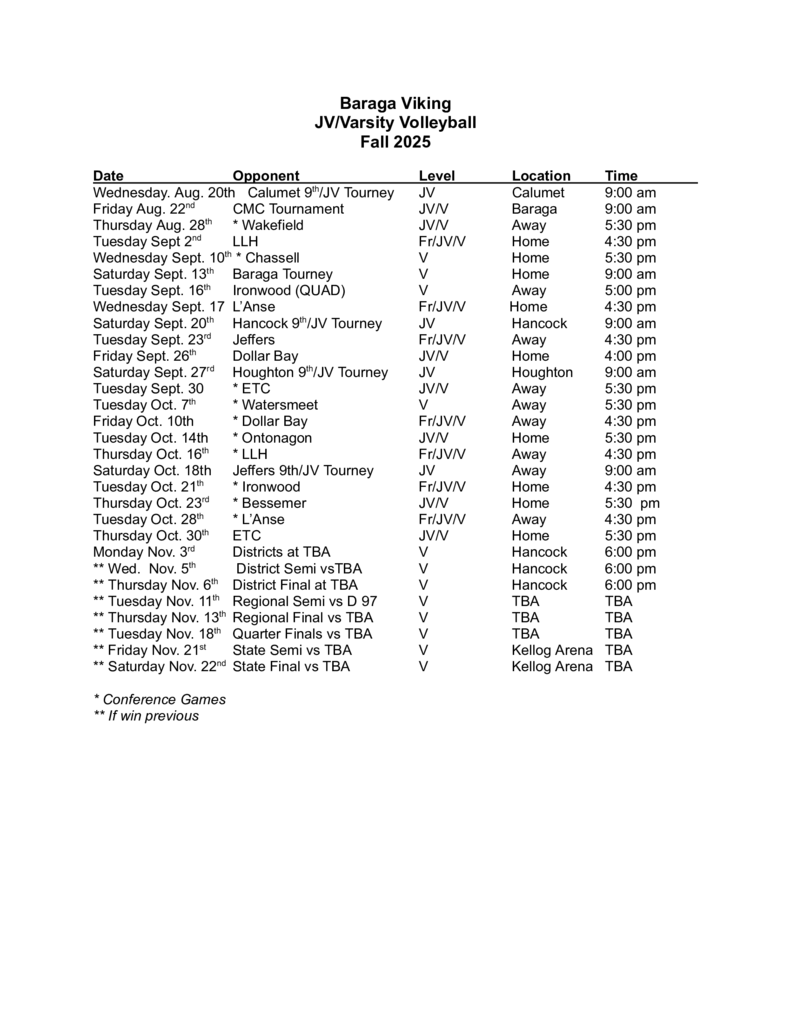 Baraga Viking  JV/Varsity Volleyball Schedule