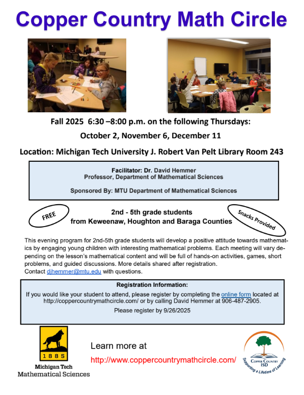 Math Circles MTU 6:30pm 10/2, 11/6, 12/11