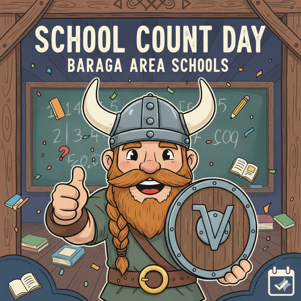 Graphic of a Viking in a classroom with a title that says: "School Count Day Baraga Area Schools".