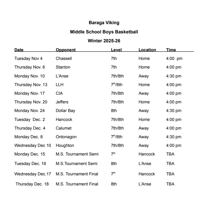 MS Boys Basketball Schedule