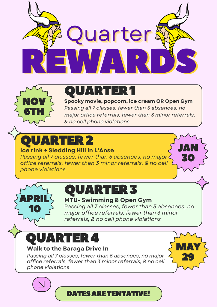 Q1 Nov 6 movie+snacks or open gym; Q2 Jan 30 winter activities; Q3 Apr 10 MTU activities; Q4 May 29 Drive In