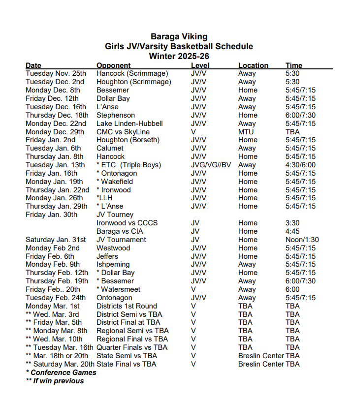 JV/Varsity GBB Schedule