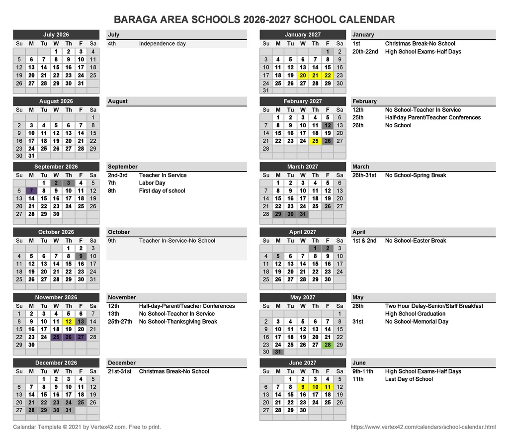 2026-2027 School Calendar