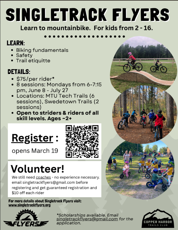 mountain-biking program for youth; registration opens March 19; $75 registration fee; www.singletrackflyers.org for more info