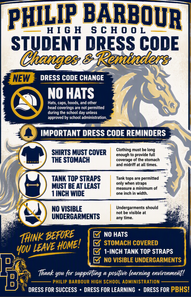 Poster with a colt behind which shows dress code reminders and changes.