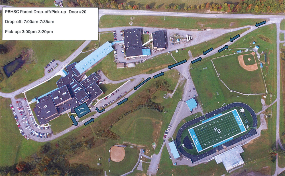 Map showing via arrows of how parent drop off and pickup will work.