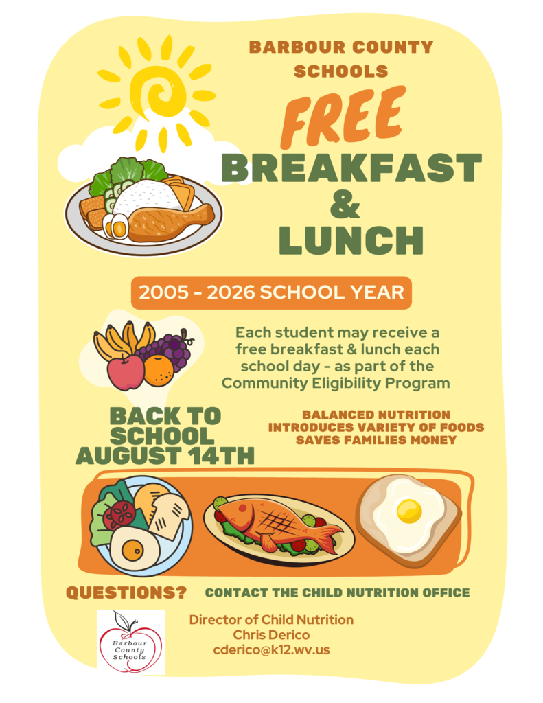 Flyer announcing free meals for Barbour County Students due to CEP Program