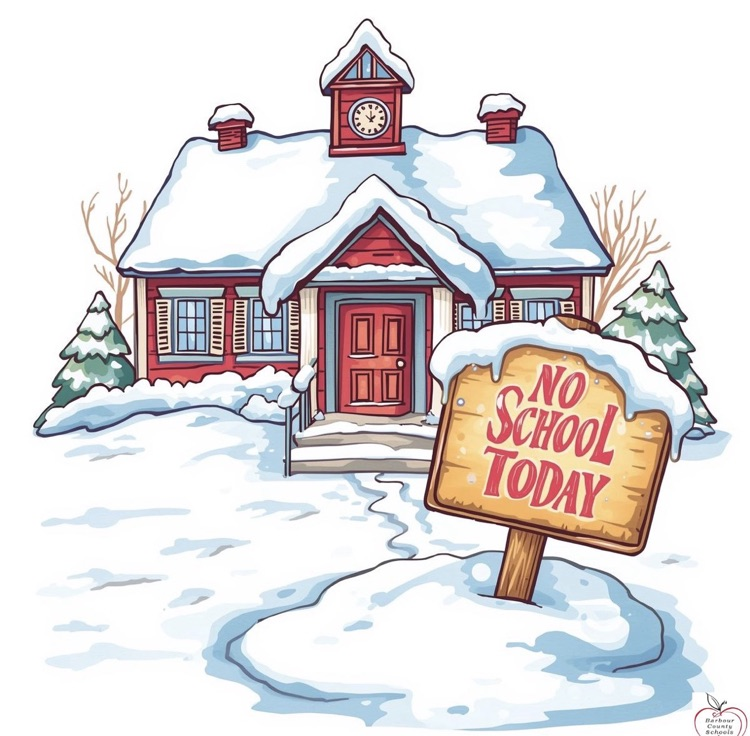 school house with snow that says no school today